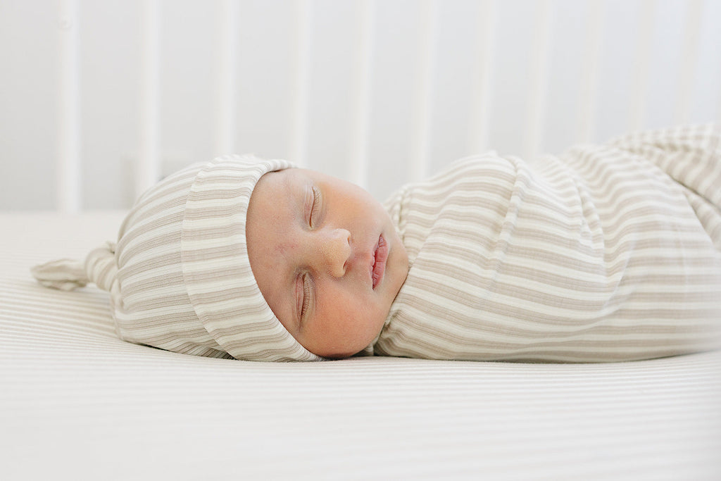 Taupe Stripe Ribbed Bamboo Newborn Knot Hat